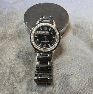Anne Klein Black and Silver Watch with Crystal Details